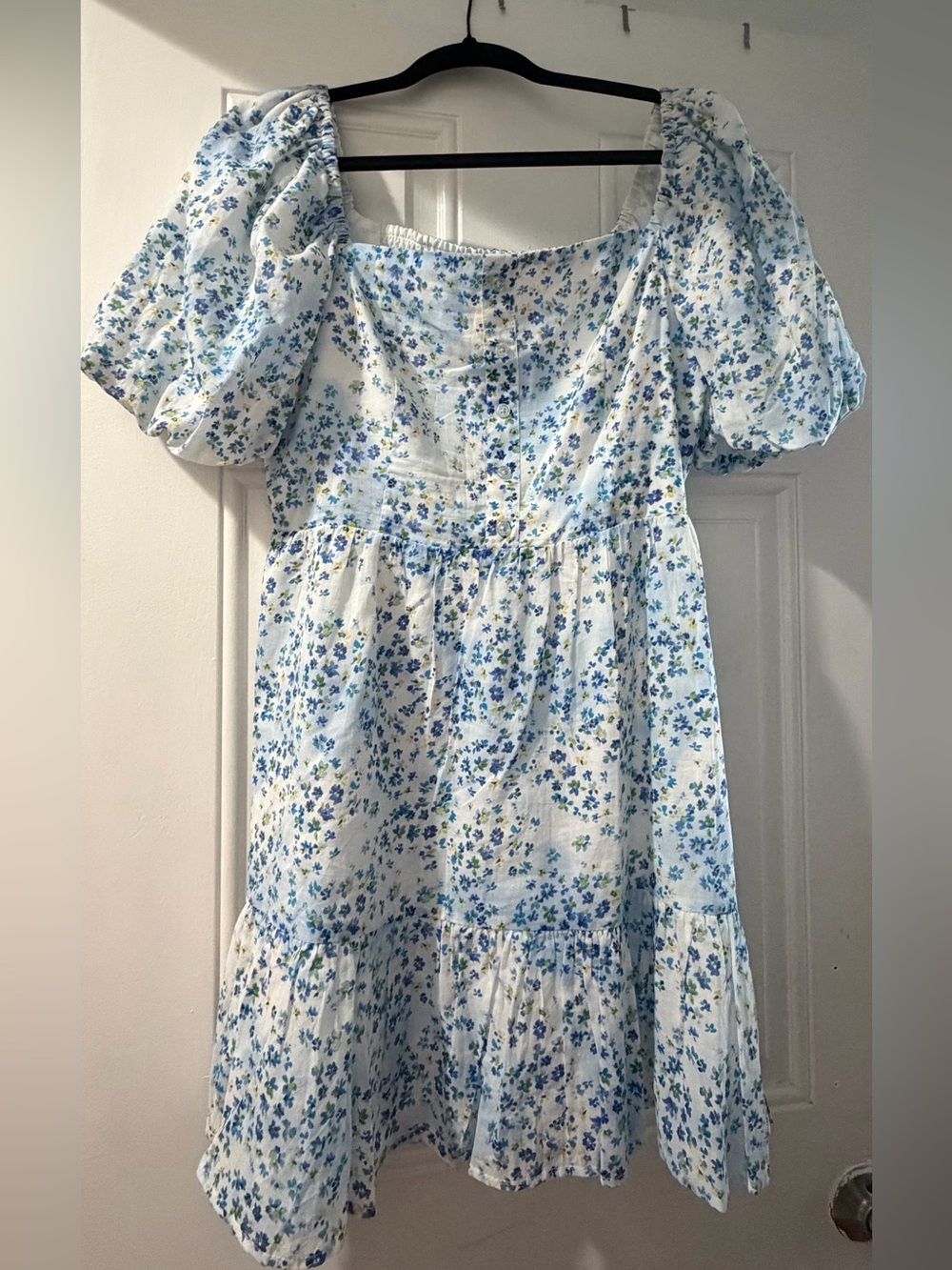 BB Dakota White Dress with Blue Floral Print and Puff Sleeves